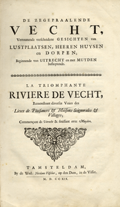 135583 Afbeelding van het titelblad van de prentenreeks 'De Zegepraalende Vecht' met tekst in het Nederlands en het Frans.
